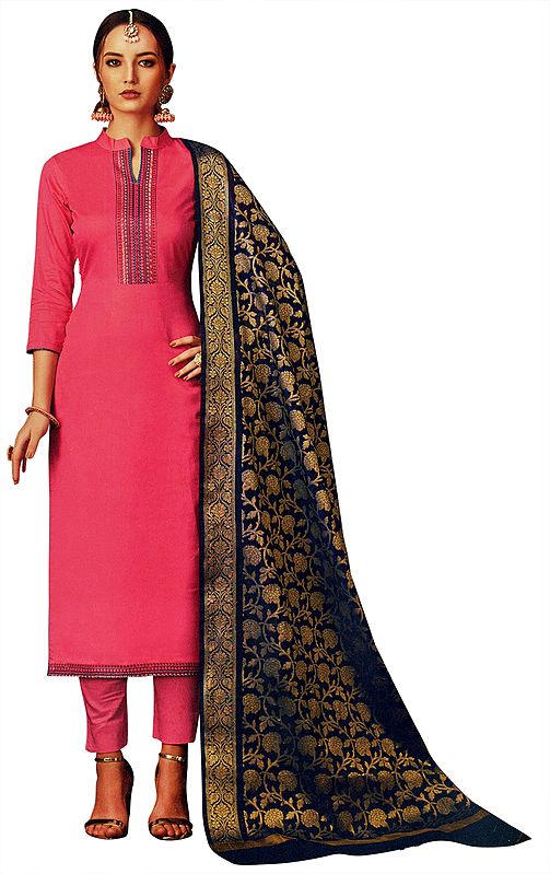 Hot-Pink Salwar Kameez Suit Embroidered Kameez with Embroidery on Neck and Zari Woven Dupatta