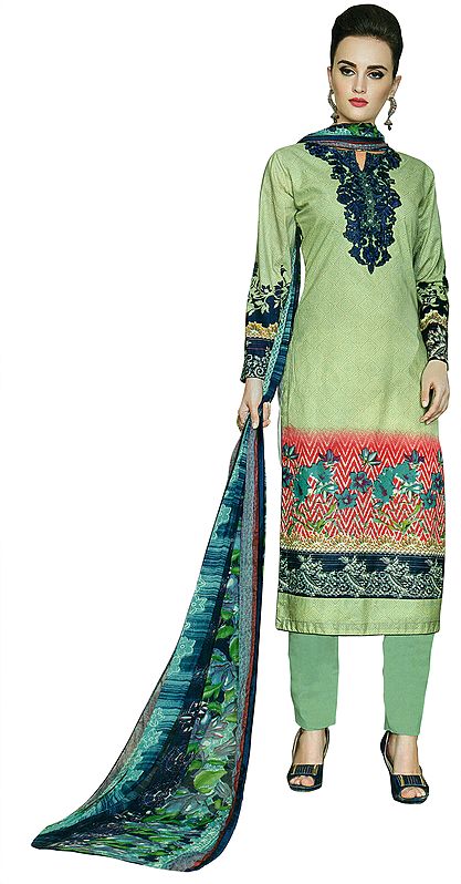 Pastel-Green Salwar Kameez Suit- Allover Printed Kameez with embroidery on neck and Floral Printed Dupatta