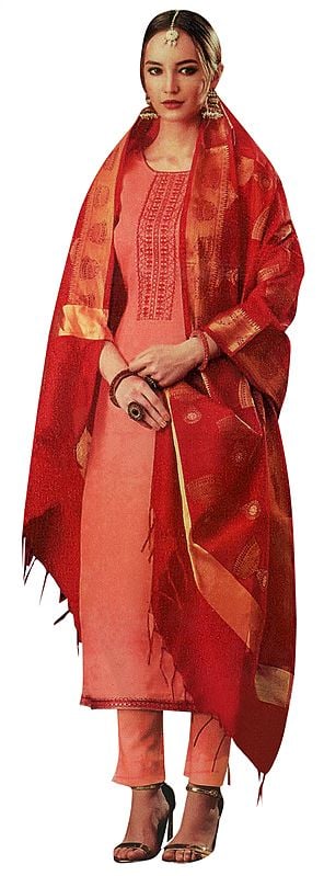 Dusty-Orange Salwar Kameez Suit- Kameez with Zari embroidery on neck and Zari Woven Dupatta