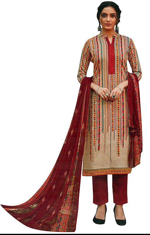 Mapel Sugar-Brown Salwar Kameez Suit- Allover Printed Kameez with Long Trousers  and Printed Dupatta
