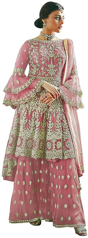 Long Zari Embroidered Kameez with Lehenga and Heavy Floral Zari  Embroidered Dupatta