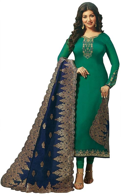 Deep-Green Long Choodidaar Salwar Kameez Suit with Zari-Embroidery and Blue Banarasi Dupatta