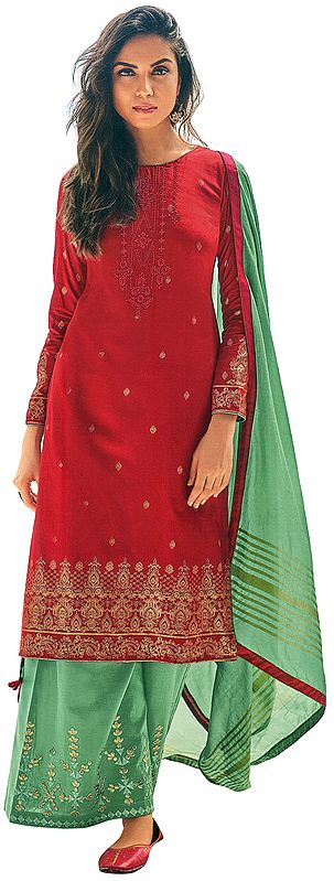 Scarlet Sage-Red Palazzo Salwar with Embroidered Kameez and Green Woven Dupatta
