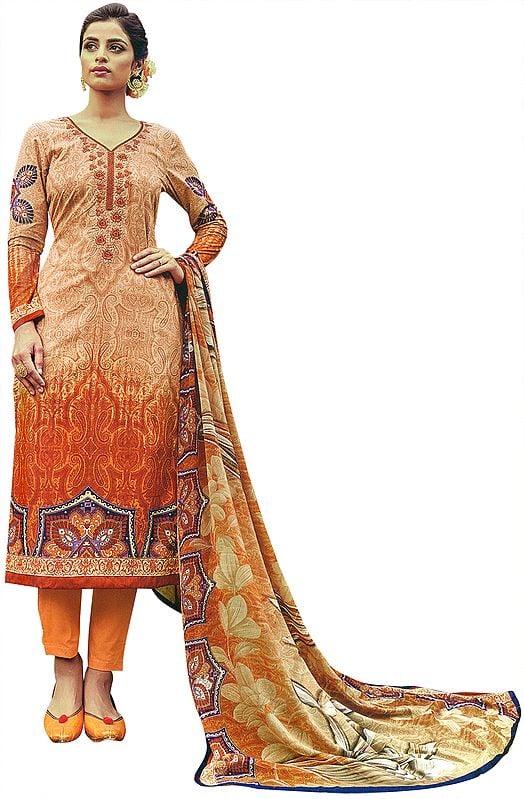 Amberlight-Beige Digital-Printed Trouser Salwar Kameez Suit with Aari-Embroidered Flowers and Chiffon Dupatta