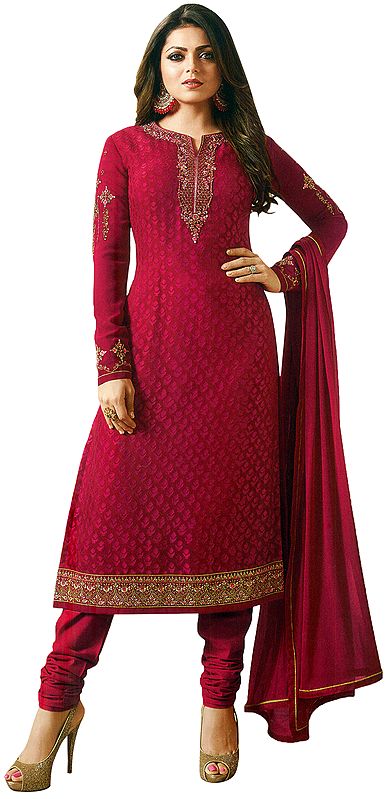 Jazzy-Pink Salwar Kameez Suit with Self-Design and Zari Embroidery on Neck