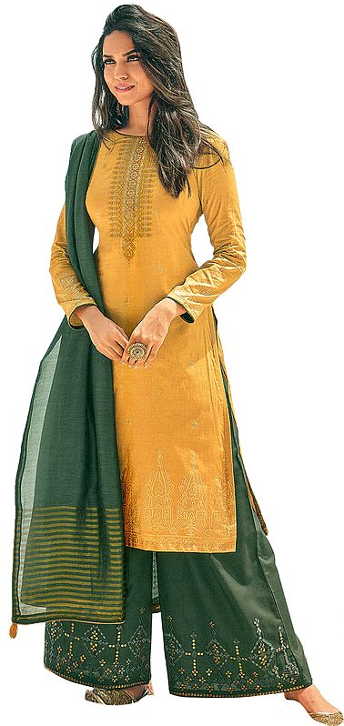 Golden Apricot-Yellow Palazzo Salwar Kameez Suit -Embroidered Kameez and Green Palazzo with Woven Dupatta