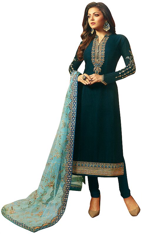 Magical Forest-Blue Choodidaar Salwar-Kameez Suit with Floral Zari-Embroidery and Green Chiffon Dupatta