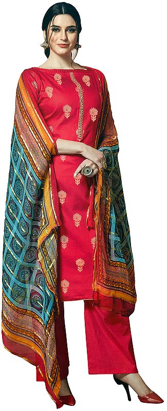 Raspberry-Pink Salwar Kameez Suit with Embroidered Boat-Neck Kameez and Palazzo with Woven Dupatta