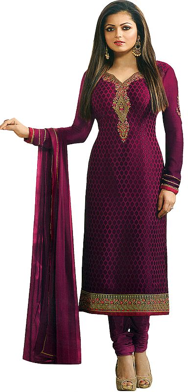 Baton Rouge-Purple Salwar Kameez Suit with Embroidered Boat-Neck Kameez and Palazzo with Woven Dupatta