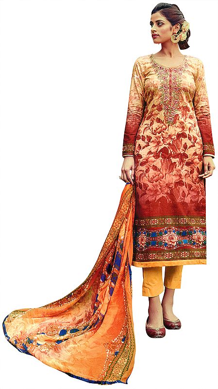 Sunburst-Orange Digital-Printed Trouser Salwar Kameez Suit with Aari-Embroidery Flowers on Neck and Printed Dupatta