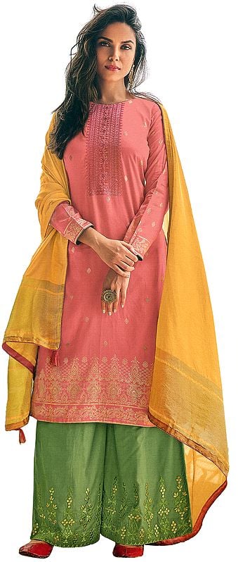 Strawberry Ice-Pink Palazzo Salwar Kameez Suit -Embroidered Kameez with Green Palazzo and Woven Dupatta