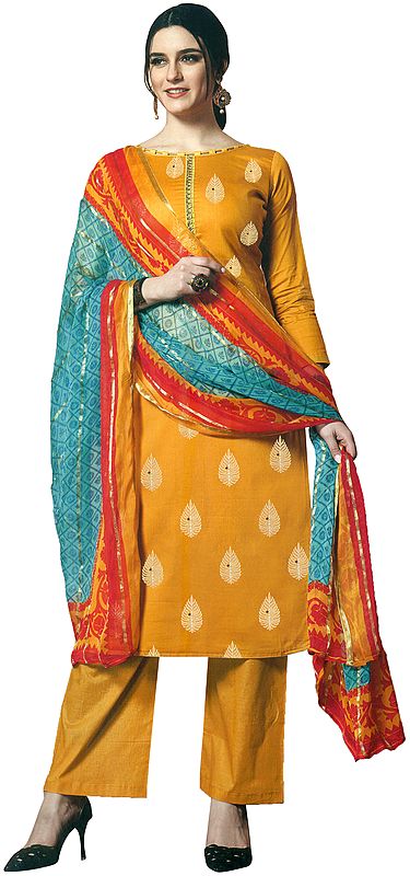 Artisan's-Gold Palazzo Salwar Suit with Printed Leaves