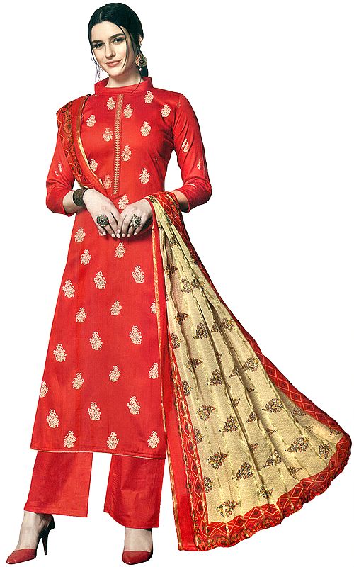 Flame-Scarlet Palazzo Salwar Suit with Standing-Collar and Golden Motifs