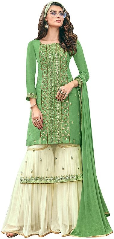 Zephyr-Green Flared Palazzo (Sharara) Salwar Kameez Suit with Heavy Zari and Beaded Embroidery