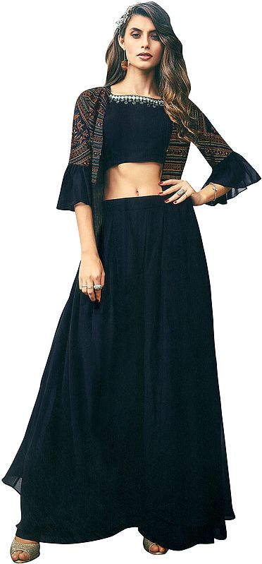 Midnight-Navy Flared Palazzo Salwar Suit with Embroidered Shrug, Short Kameez and Dupatta