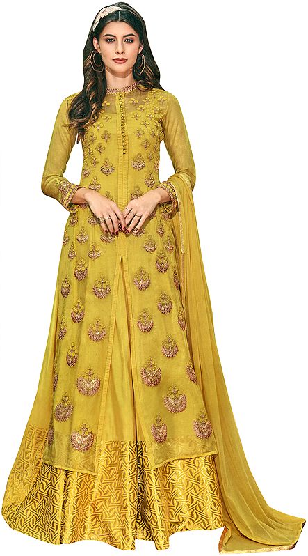 Symphonic-Sunset Flared Woven Gown with Heavy Zari Embroidered Kameez and Dupatta