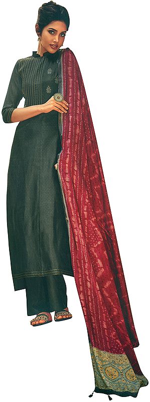 Dark-Gray Palazzo Salwar Kameez Suit with Self Design Zari Embroidery and Printed Tasseled Dupatta