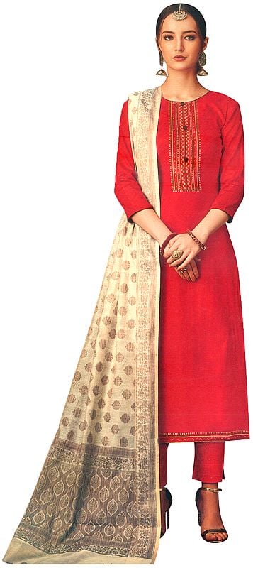Flame-Scarlet Long Trouser Salwar-Kameez Suit with Embroidery on Neck and Beige Banarasi Dupatta