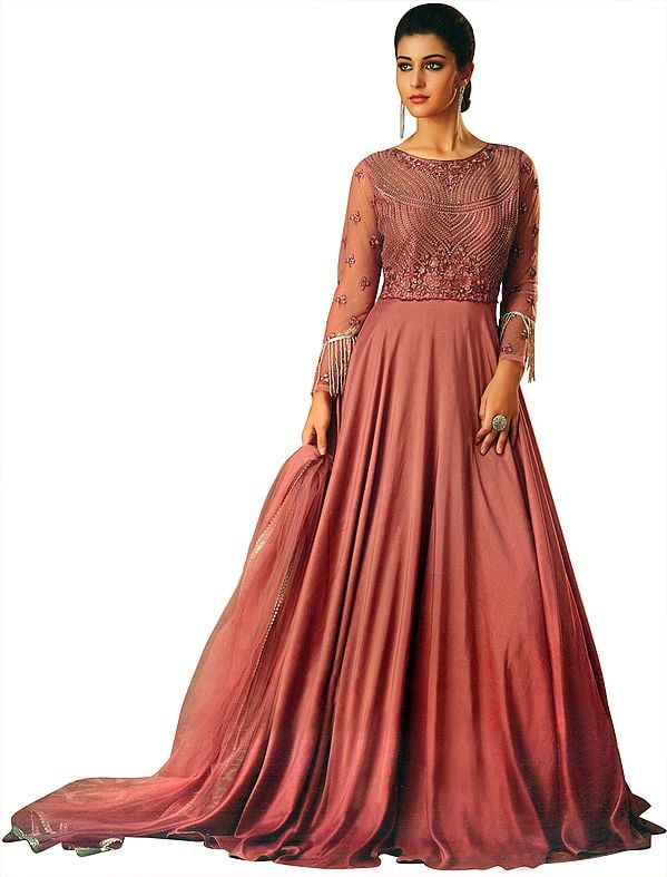 Mauvewood Floor-Length A-Line Gown with Zari-Embroidered Border and Hanging Long Glass Beads