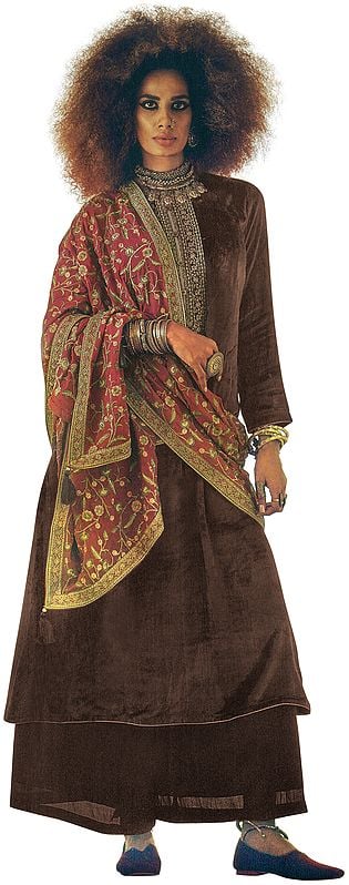Deep-Mahogany Long Palazzo Salwar Kameez Suit with Zari-Embroidery and Red Dupatta