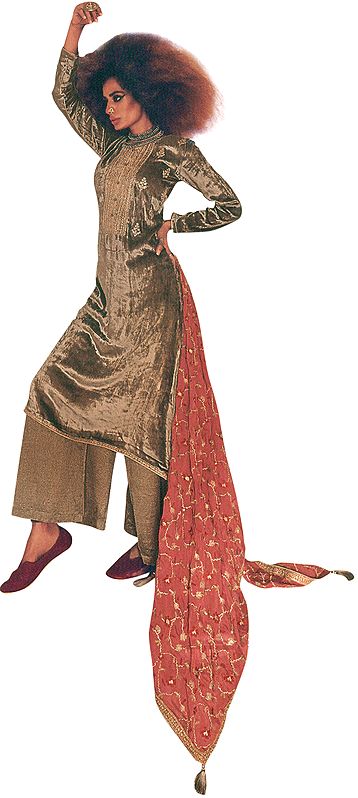 Light-Taupe Long Palazzo Salwar Kameez Suit with Zari-Embroidery and Red Dupatta