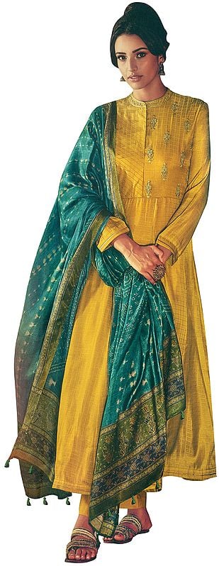 Bright-Gold Palazzo Salwar Kameez Suit with Self Design Zari Embroidery and Printed Tasseled Dupatta