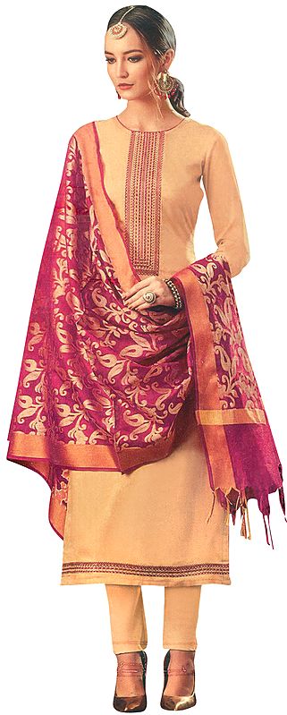 Beige Long Trouser Salwar-Kameez Suit with Embroidery on Neck and Pink Banarasi Dupatta