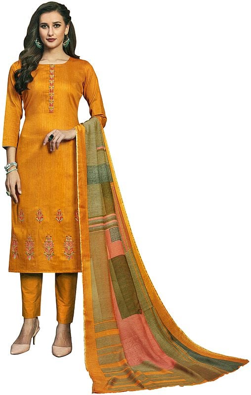 Sunflower-Yellow Long Trouser Salwar-Kameez Suit with Embroidery and Multicolor Printed Dupatta