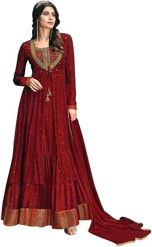 Haute-Red Flared Woven Gown with Zari Embroidered Kameez and Dupatta