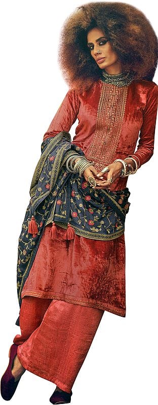 Cayenne-Red Long Palazzo Kameez Suit with Zari-Embroidery and Floral Dupatta