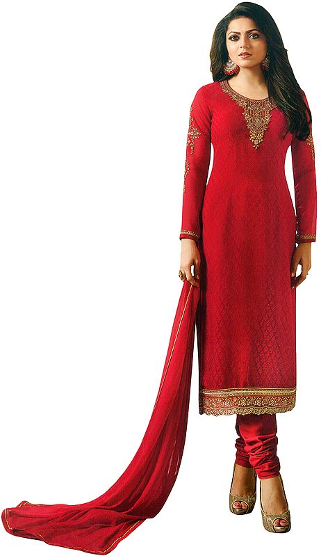 Samba-Red Salwar Kameez Suit with Self Design and  Zari Embroidery on Neck