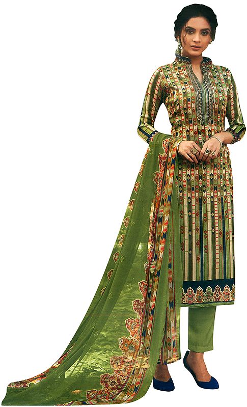 Sage-Green Salwar Kameez Suit with Long Trousers  and Printed Dupatta