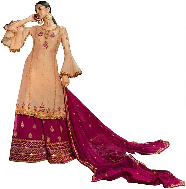 Rose-Dust Zari-Embroidered Sharara and Kameez Embellished with Stones and Flared Sleeves