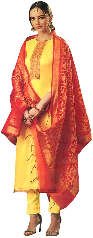 Dandelion-Yellow Salwar Kameez Suit- Kameez with Embroidery on Neck and Zari Woven Dupatta