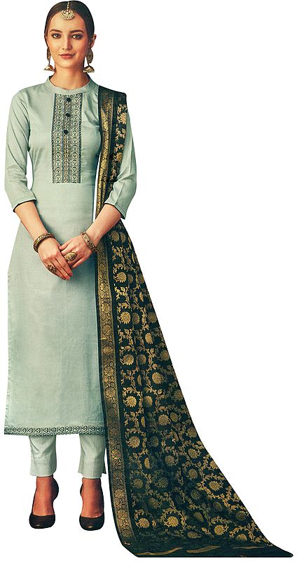 Mirage-Gray Salwar Kameez Suit- Kameez with Embroidery on Neck and Zari Woven Dupatta