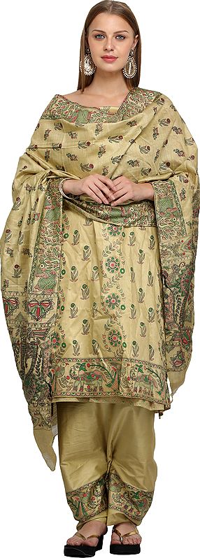 Antique-Gold Palazzo Salwar Kameez Suit with Madhubani Motifs all-over