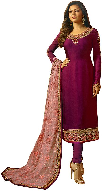 Sangria-Purple Choodidaar Salwar-Kameez Suit with Floral Zari-Embroidery and Green Chiffon Dupatta