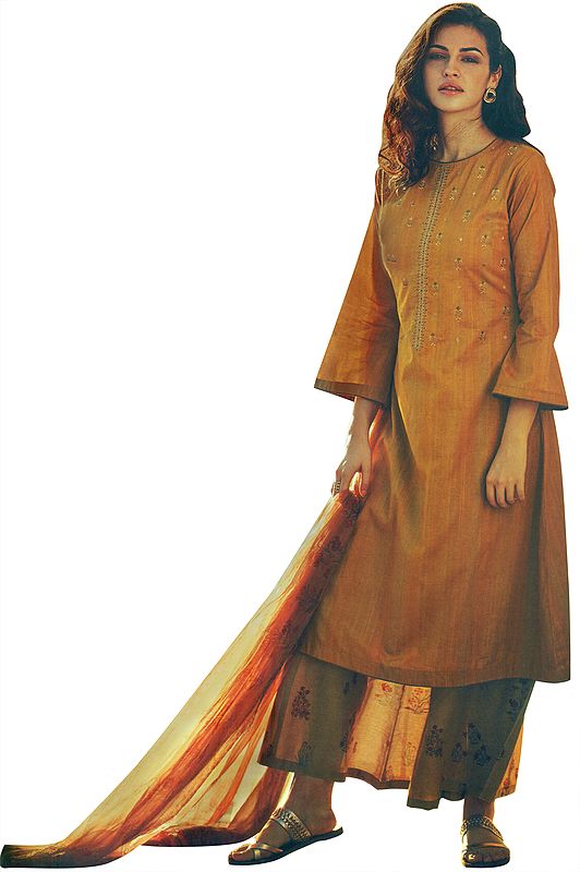 Golden-Yellow Long Embroidered Palazzo Kameez Suit with Floral Printed Dupatta