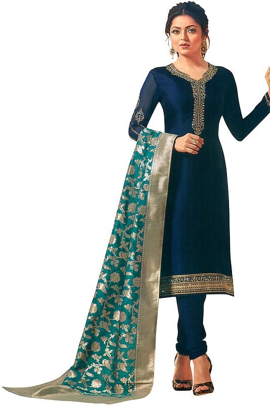 Oceana-Blue Choodidaar Salwar Kameez Suit with Zari-Embroidery with Banarasi Dupatta