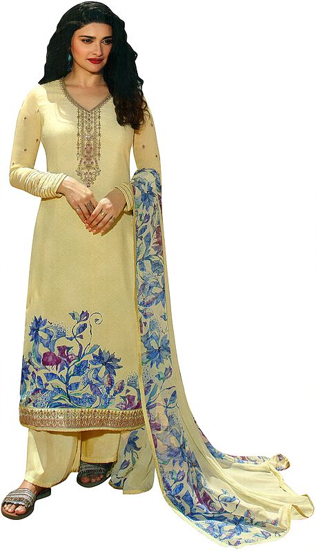French-Vanilla Floral Printed Salwar-Kameez Suit with Embroidery on Neck and Chiffon Dupatta