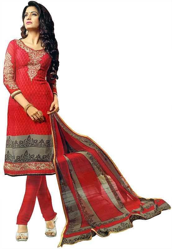 Urban-Red Printed Salwar-Kameez Suit with Zari Embroidery on Neck and Floral printed Dupatta