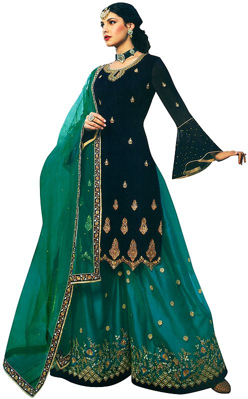 Green Zari-Embroidered Sharara Pants and Patriot-Blue Kameez Embellished with Crystals and Net Dupatta