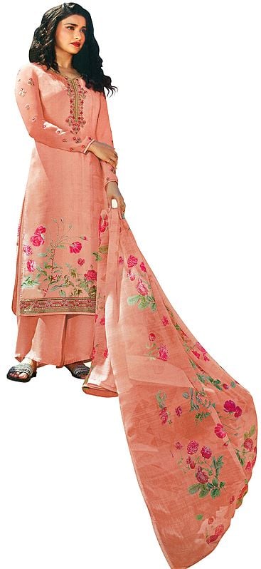 Seashell-Pink Floral Printed Salwar-Kameez Suit with Embroidery on Neck and Chiffon Floral printed Dupatta