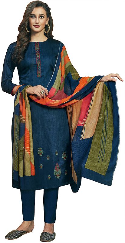 Insignia-Blue Long Trouser Salwar-Kameez Suit with Embroidery and Multicolor Printed Dupatta