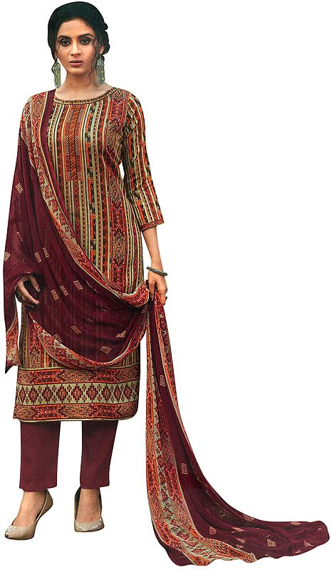 Garnet-Red Salwar Kameez Suit- All Over Printed Kameez with Long Trousers and Printed Dupatta