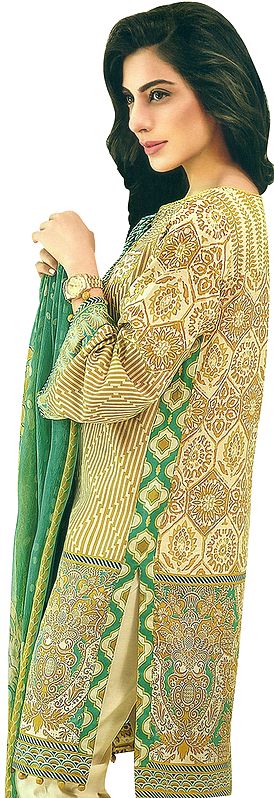 Nugget-Gold Salwar Kameez Suit- All Over Printed Kameez with Long Off-White Trousers and Printed Dupatta