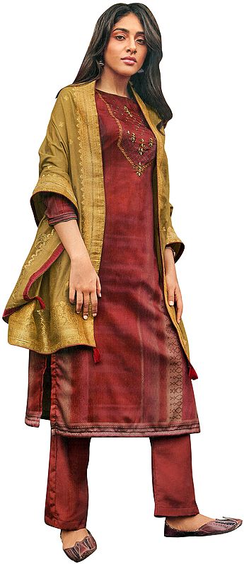 Redwood-Brown Trouser Salwar- Kameez Suit with Zari-Embroidery and Gold Woven Dupatta