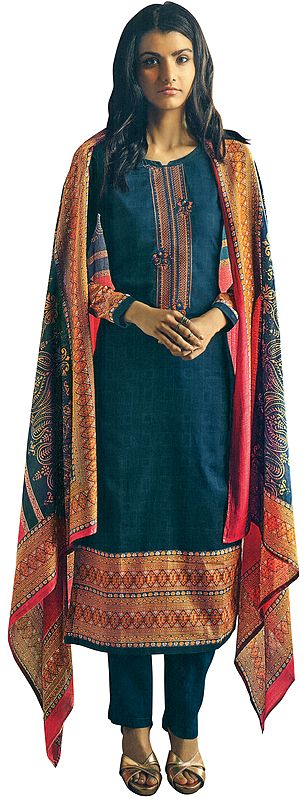 Midnight-Blue Long Trouser and Kameez Suit with Multicolored Embroidery and Digital Printed Dupatta
