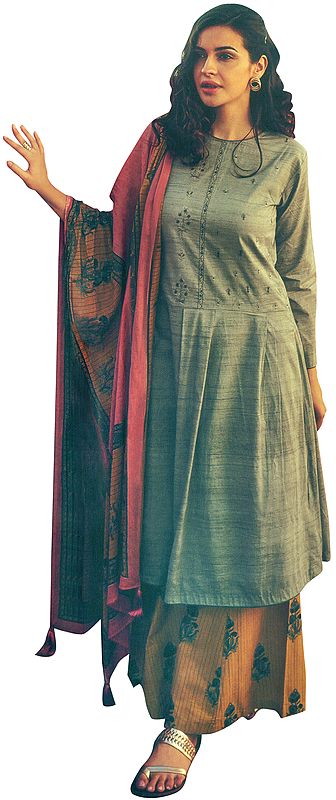 String-Gray Long Embroidered Kameez with Printed Yellow Palazzo and Floral Dupatta