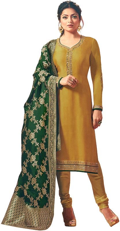 Tawny-Olive Choodidaar Salwar Kameez Suit with Zari-Embroidery with Banarasi Dupatta